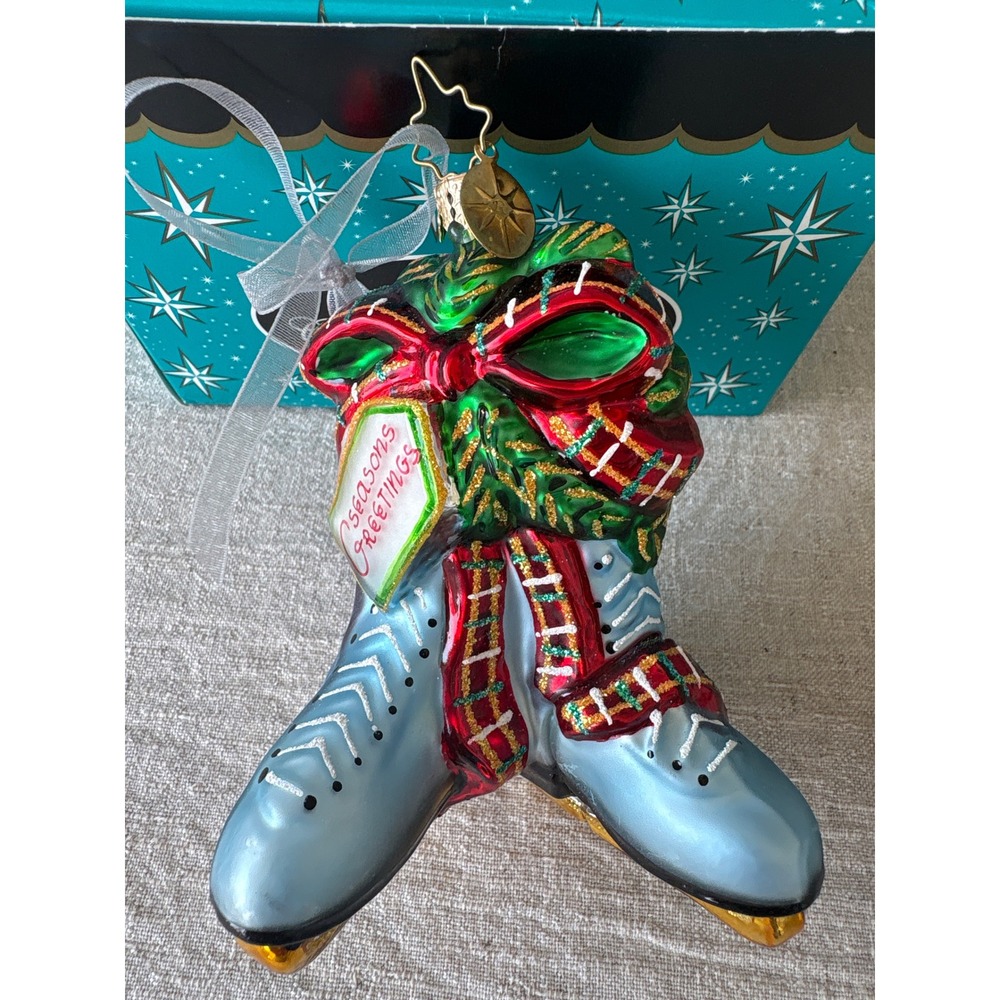 Christopher Radko Ice Skates Glass Christmas Ornament Seasons Greetings Blue Box